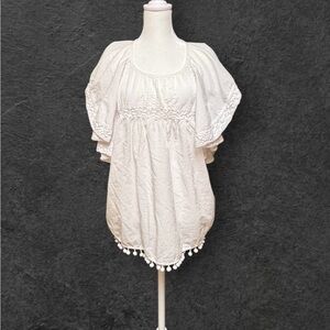 French Connection White Boho Blouse Size 12 Crochet Flutter Sleeve Pom Trim